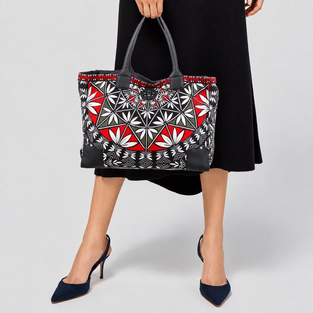 Tory Burch Kerrington Square Navy Red Packable Geometric Compass Pottery Tote